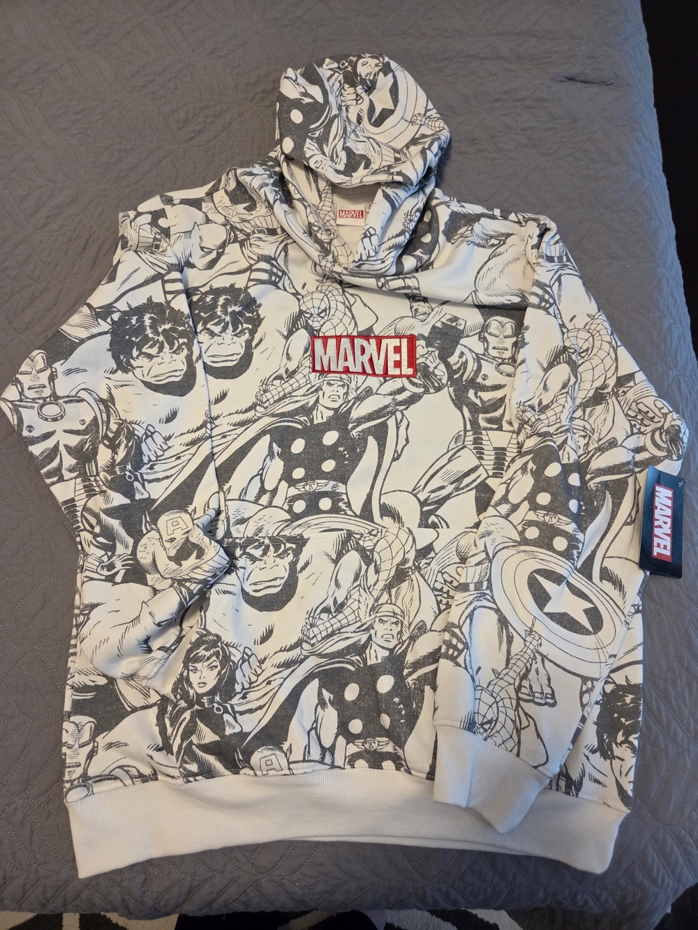 Marvel Black & White Comic Panel Hoodie with Red Logo